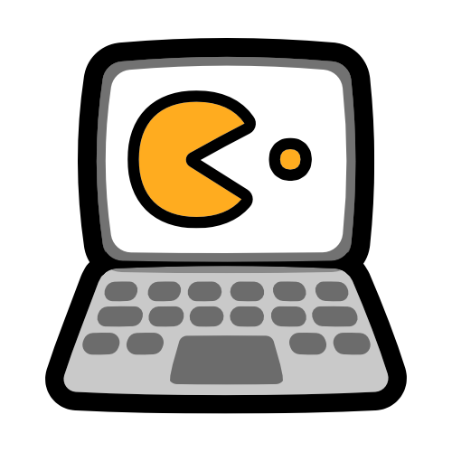 A grey laptop displaying a yellow Pac-Man symbol on a white screen